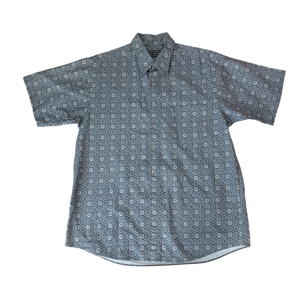 David Taylor Mens Large Blue Geometric‎ Medallion Print Button Down Shirt Casual